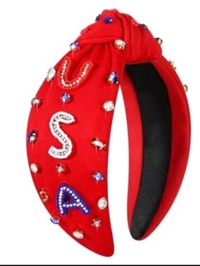 4th Of July USA Embellished Red Knot Headband with Crystal Letters